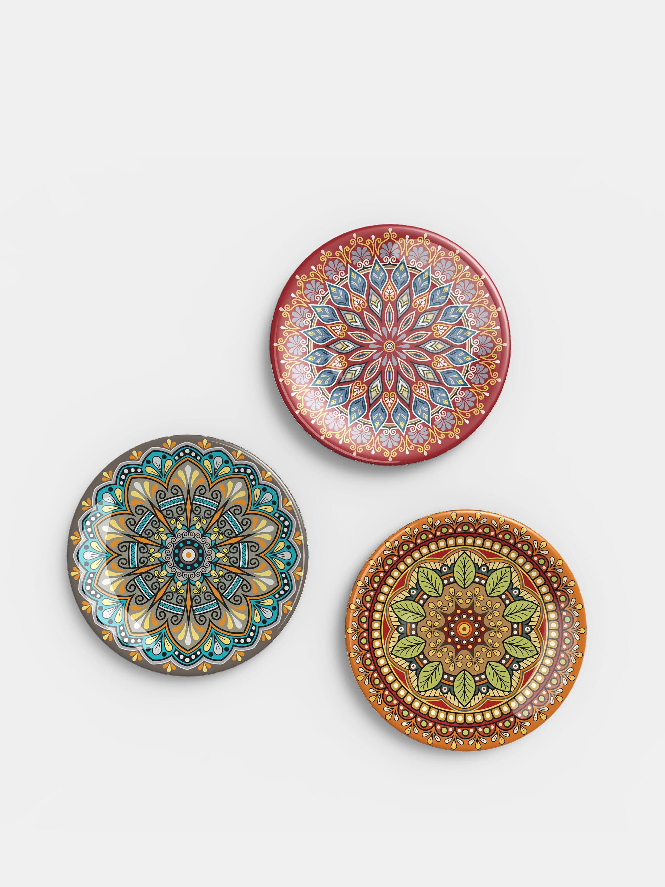 Three mandala-printed bone china plates
