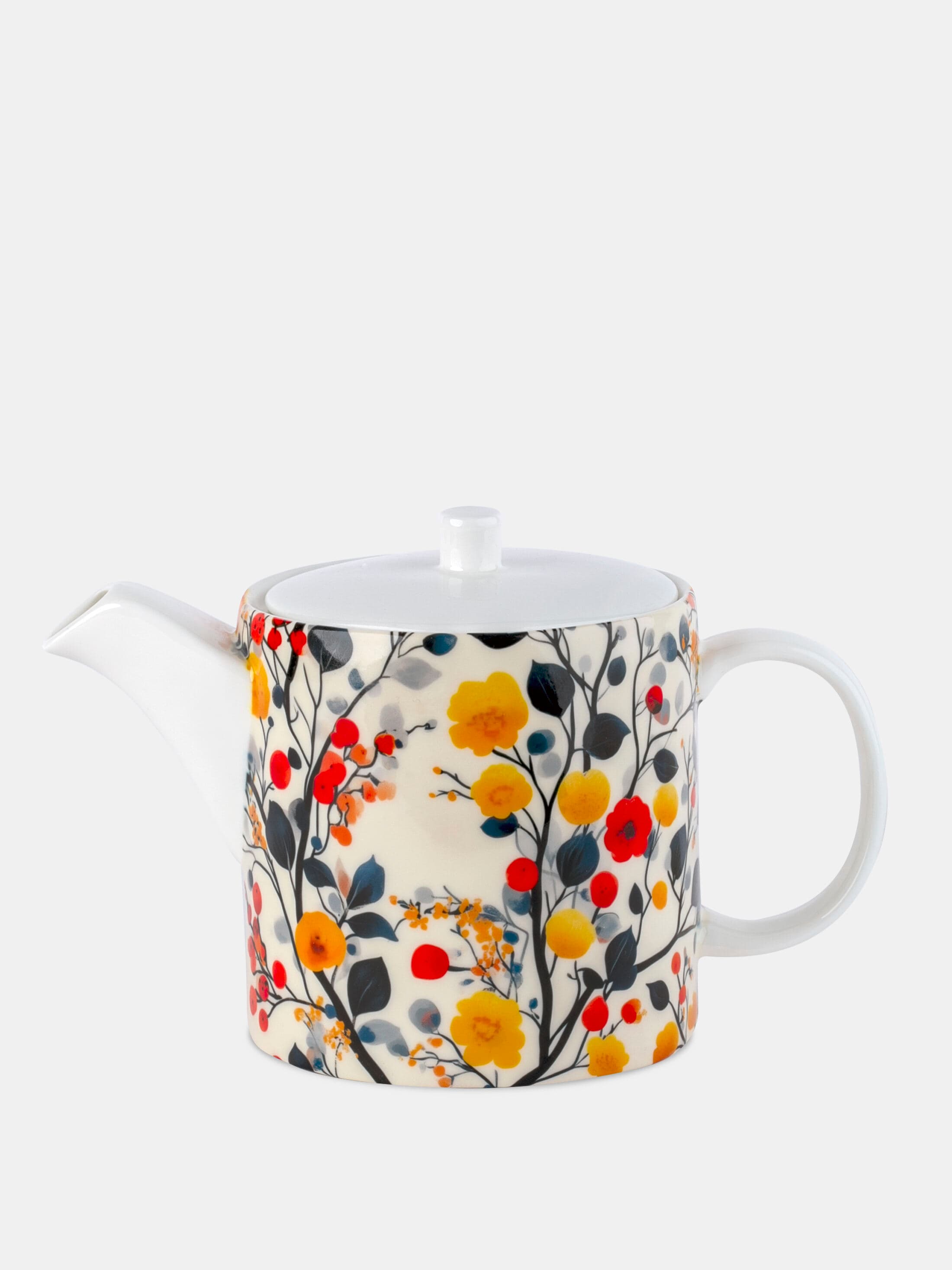 A bone china teapot under a painted orchard